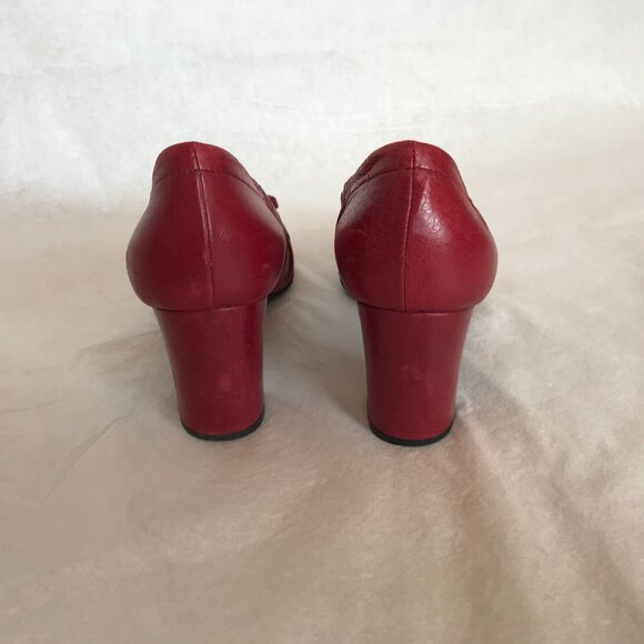 Prada Women's Distressed Dark Red Leather Bow Chunky Heel Round Toe Pump Shoes - Picture 9 of 10